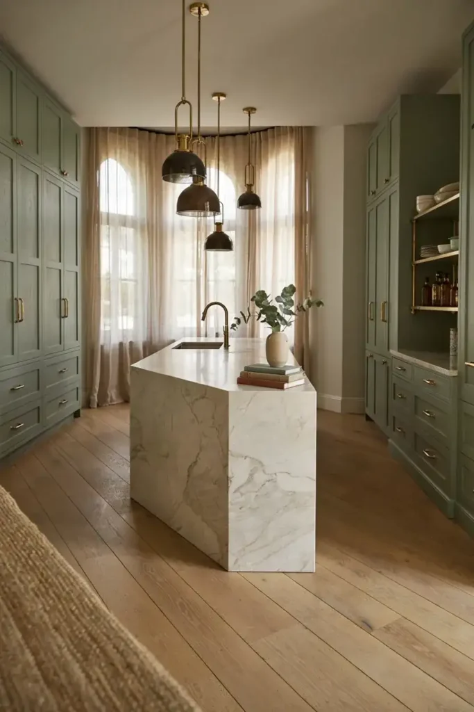 Green Kitchen Featuring Brass Details
