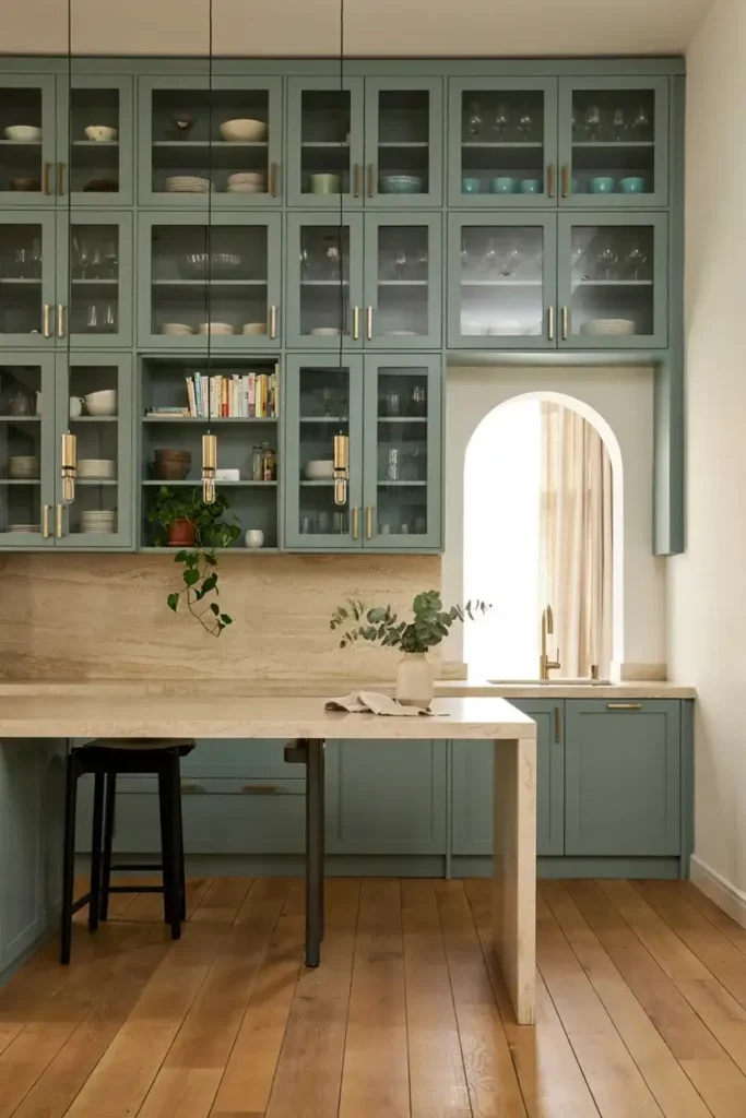 Green Kitchen Featuring Glass Cabinet Doors