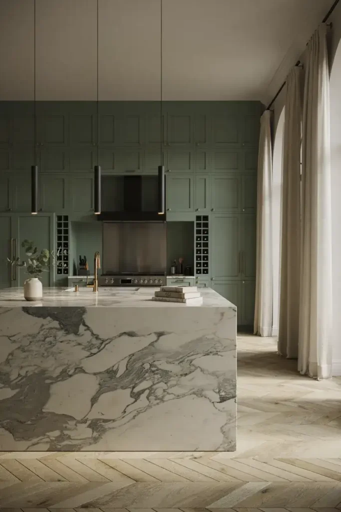 Green Kitchen Featuring Marble Countertops