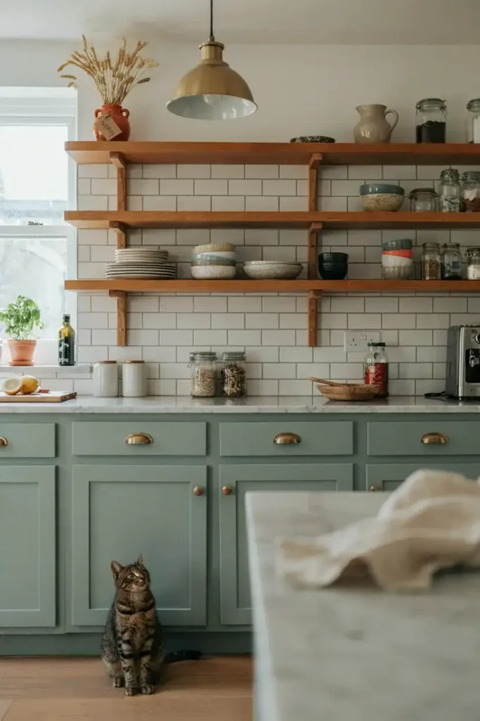 Green Kitchen with Open Shelving