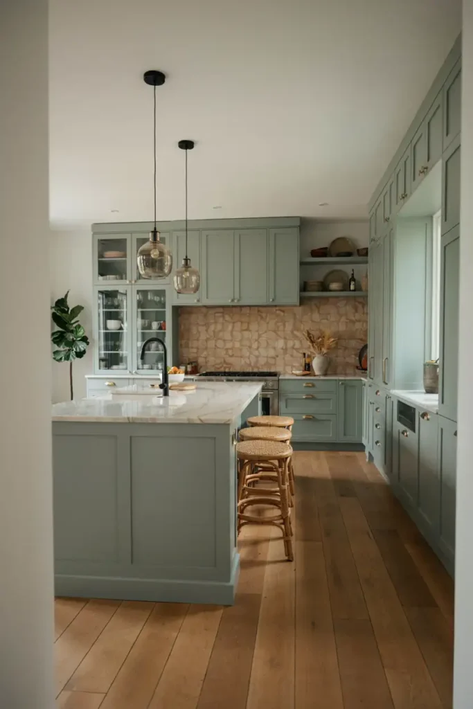 Green Kitchen with Textured Backsplash