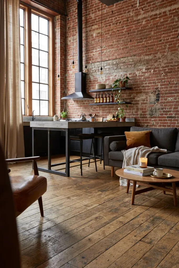 Industrial Open Kitchen Living Room with Modern Touches