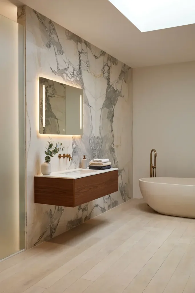 Luxury Bathroom Featuring Marble Accent Walls