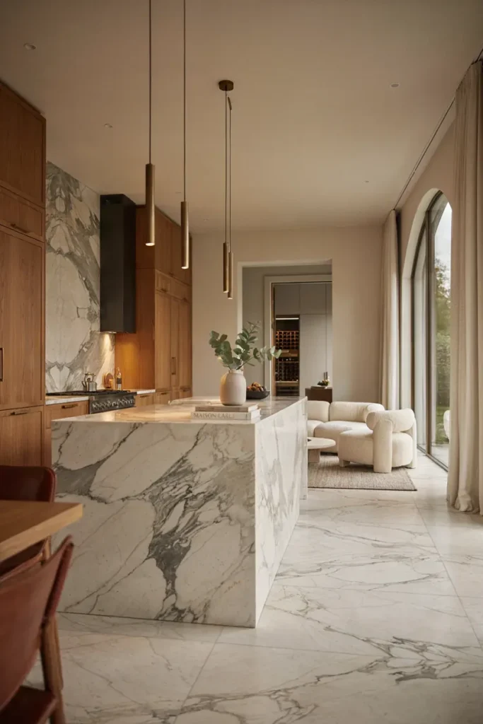 Luxury Marble Open Kitchen Living Room Design