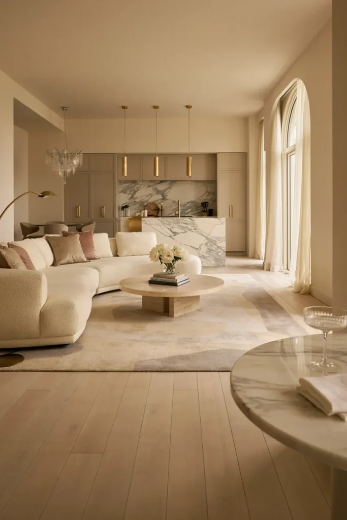 Luxury Open Kitchen and Living Area with Gold Accents