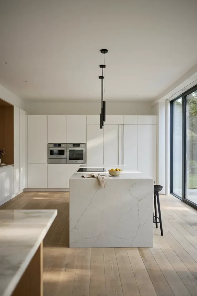 Luxury White Kitchen with Waterfall Island