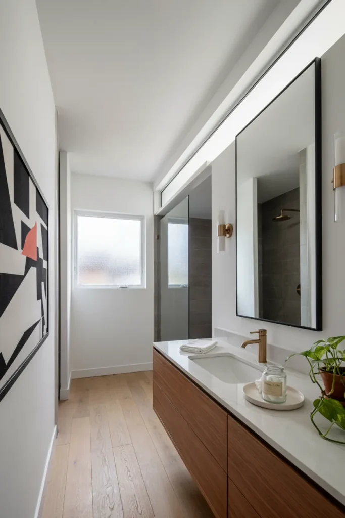Modern Bathroom Featuring Geometric Wall Art