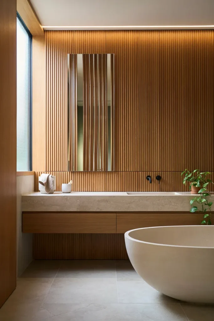 Modern Bathroom with Vertical Wood Slat Walls