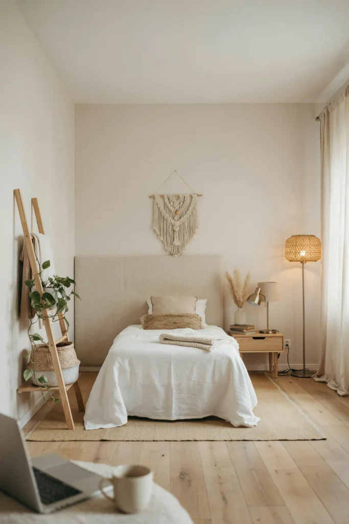 Modern Boho Dorm Room with Beige and White Accents