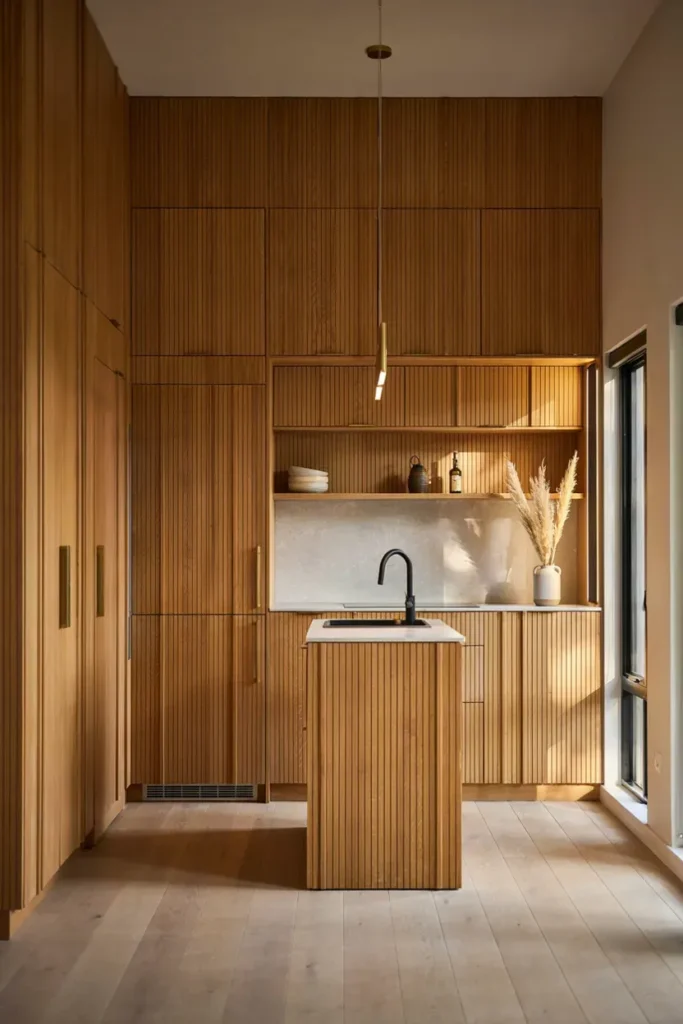 Modern Cabinets with Vertical Wood Slats

