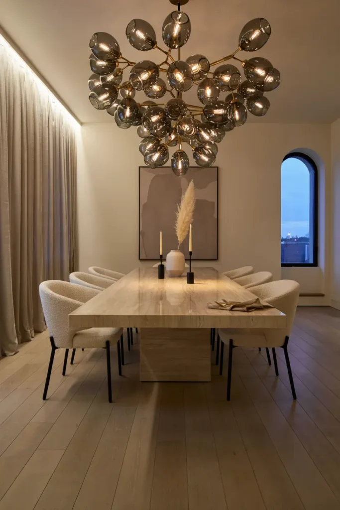 Modern Dining Room Featuring Statement Lighting