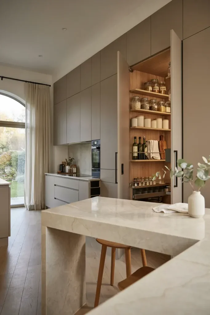 Modern Kitchen Featuring a Hidden Pantry

