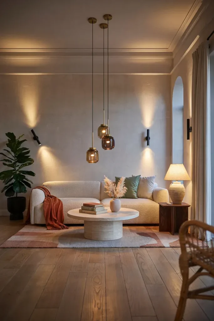 Modern Living Room Featuring Layered Lighting
