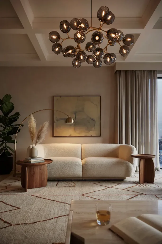 Modern Living Room with Statement Lighting
