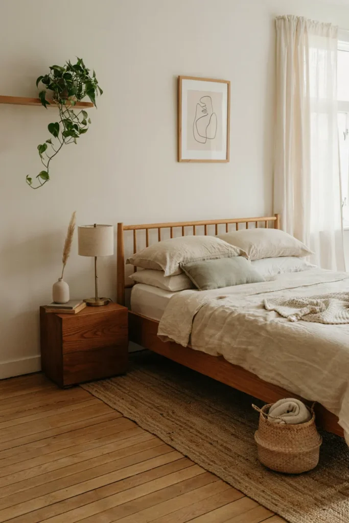 Neutral Bedroom Featuring Natural Wood Accents