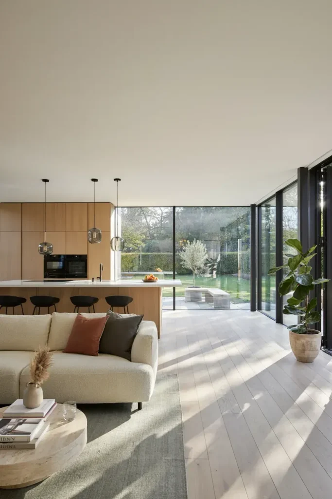Open Kitchen Living Room with Floor-to-Ceiling Windows