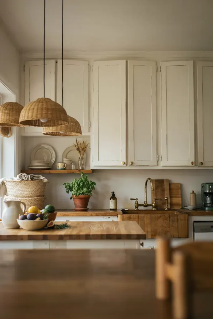 Rustic White Cabinets with Woven Accents