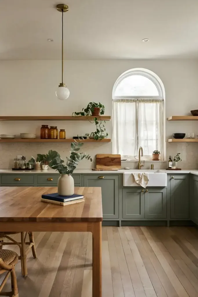 Sage Green Kitchen Cabinets with Natural Wood
