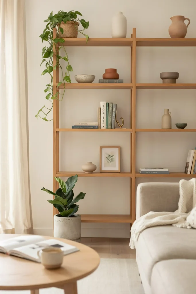 Scandinavian Living Room Featuring Open Shelving