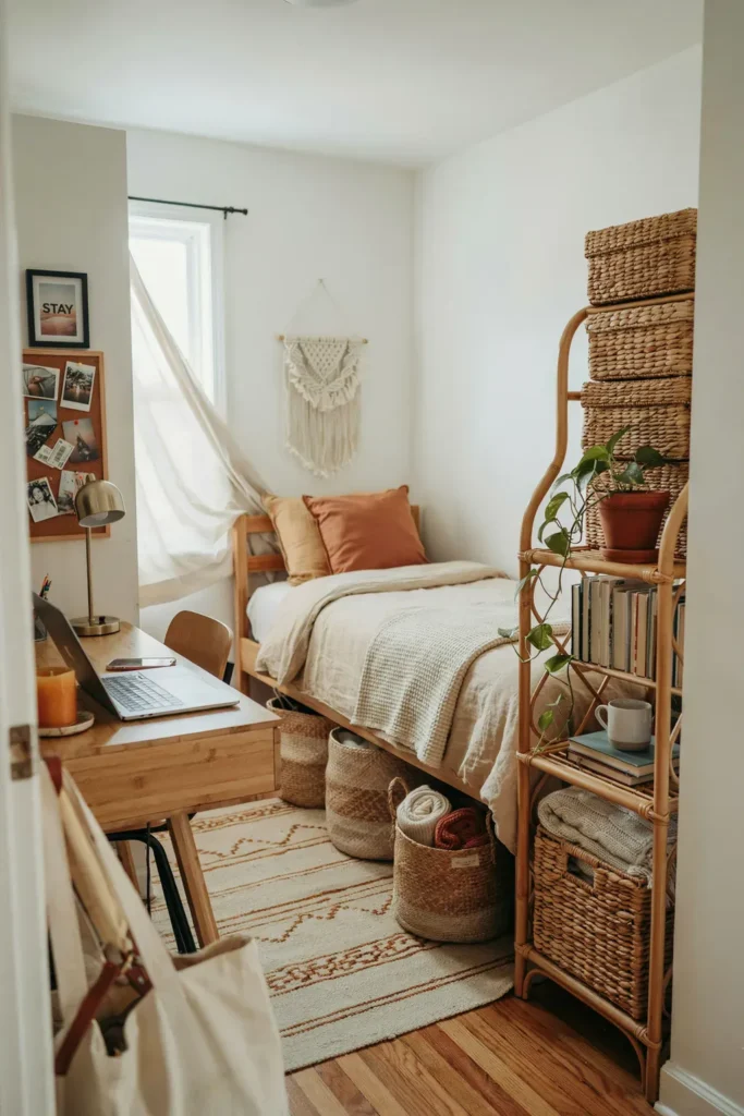 Small Dorm Room with Woven Storage Baskets