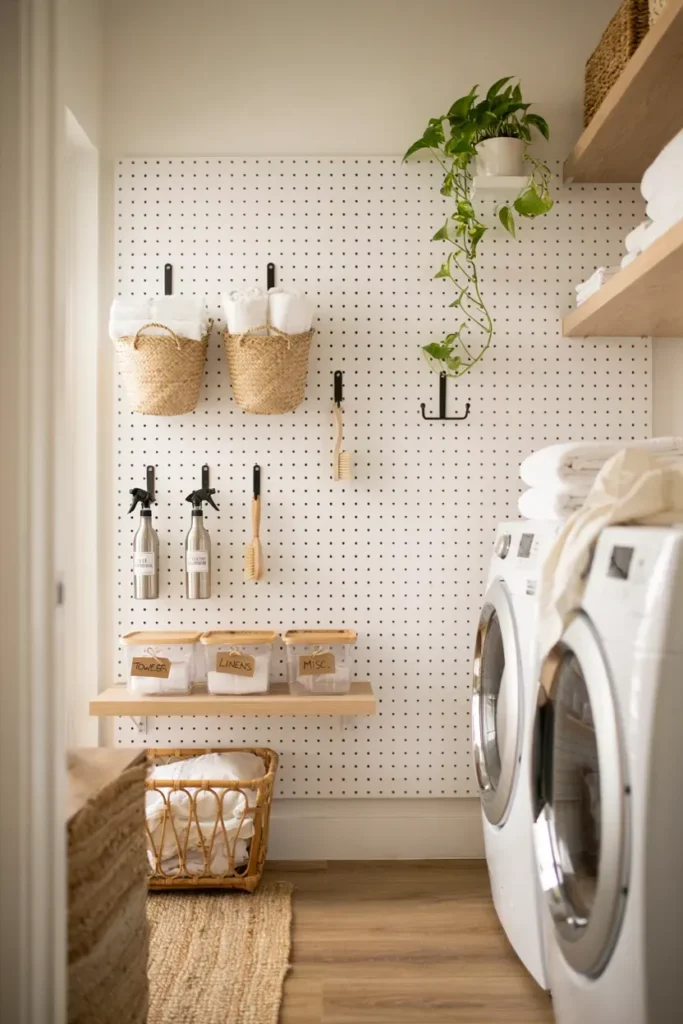 Small Laundry Room Featuring Pegboard Organization