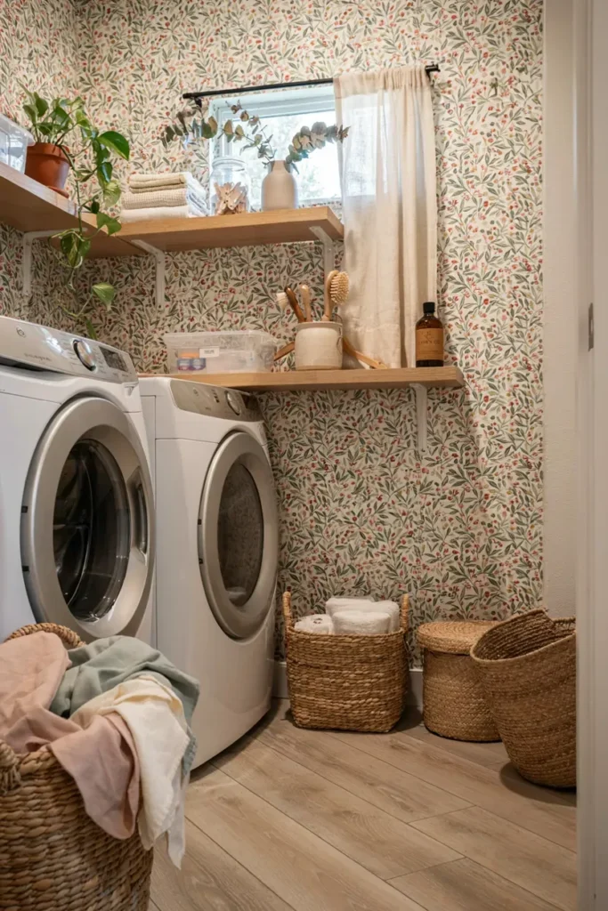 Tiny Laundry Room with Decorative Wallpaper
