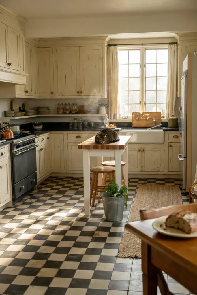 Vintage Kitchen Featuring Classic Checkerboard Flooring