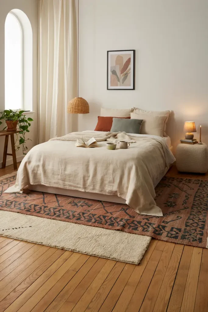 Warm Bedroom with Layered Area Rugs