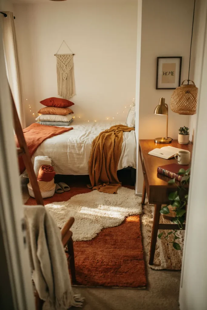 Warm and Cozy Dorm Room with Layered Rugs