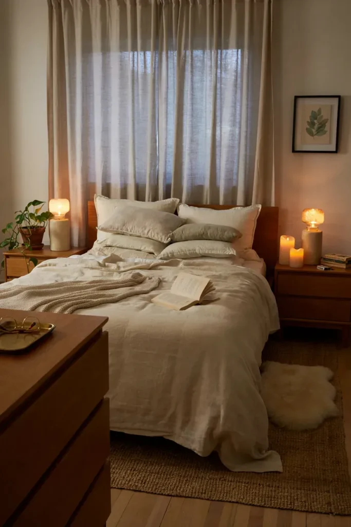 Warm and Inviting Bedroom with Candle-Inspired Lighting