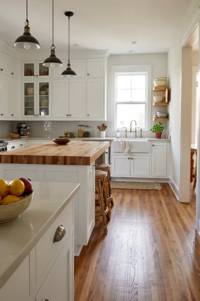  White Cabinets with Butcher Block Island