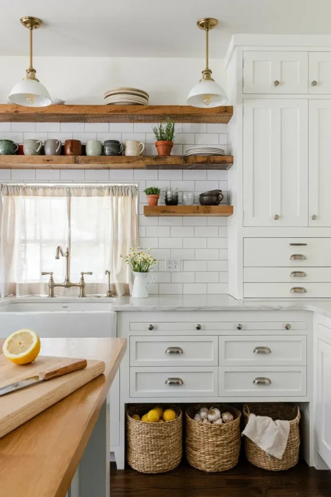White Cabinets with Floating Wood Shelves