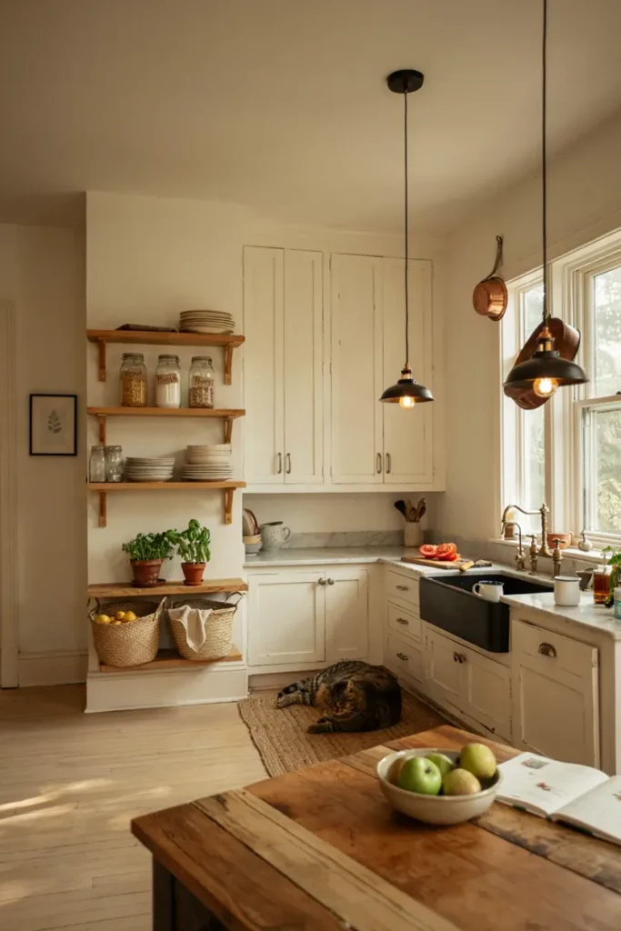  White Cabinets with Open Wooden Shelving