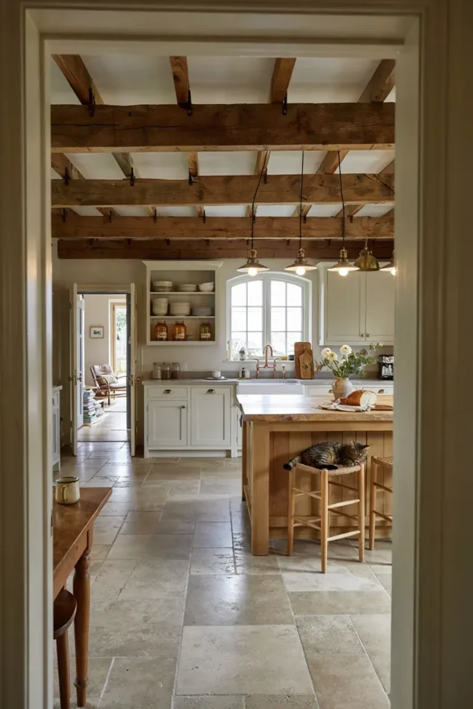 White Cabinets with Rustic Wood Beams